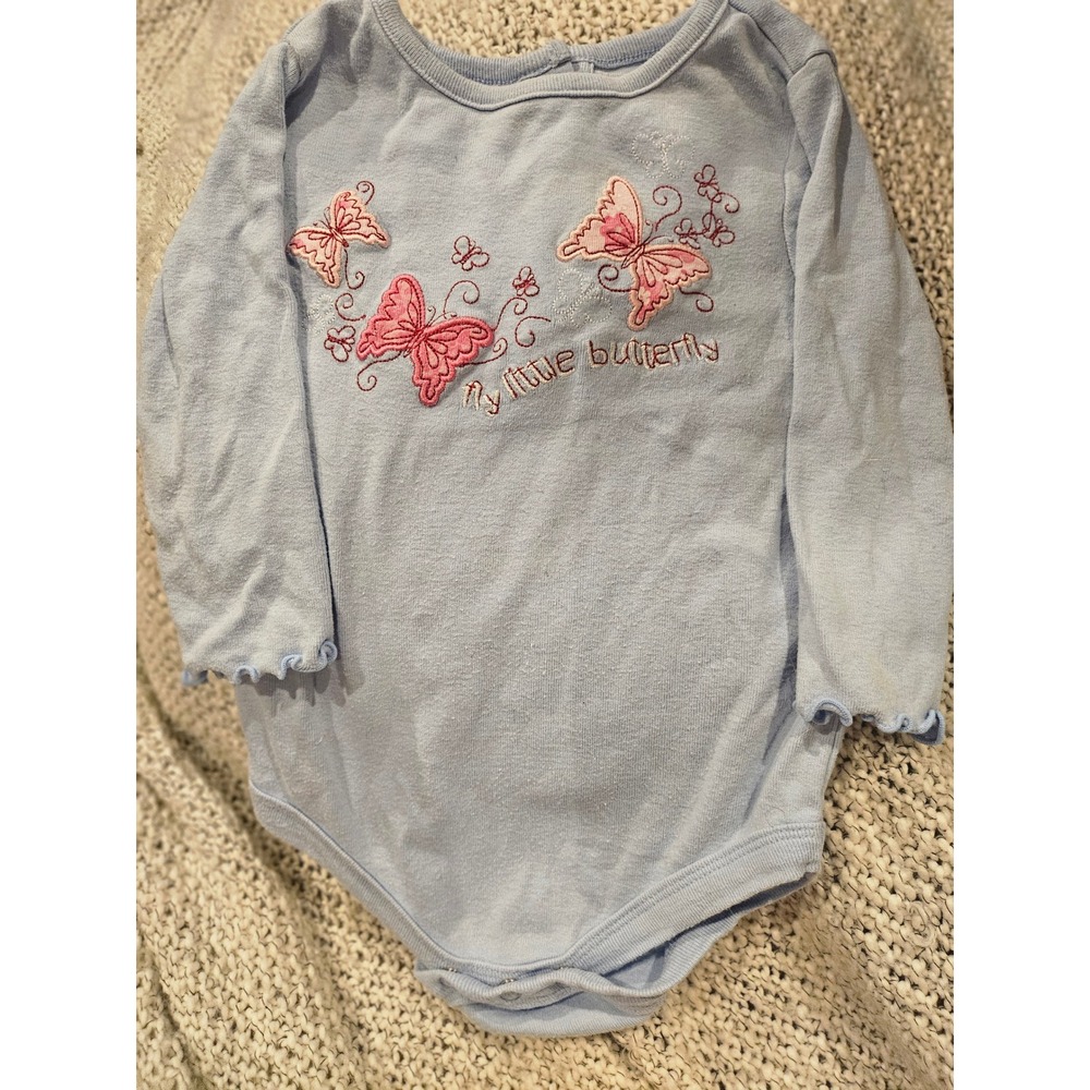 Faded Glory Baby Girl Blue Butterfly Long Sleeve Bodysuit 12 Months Cotton Y2K
